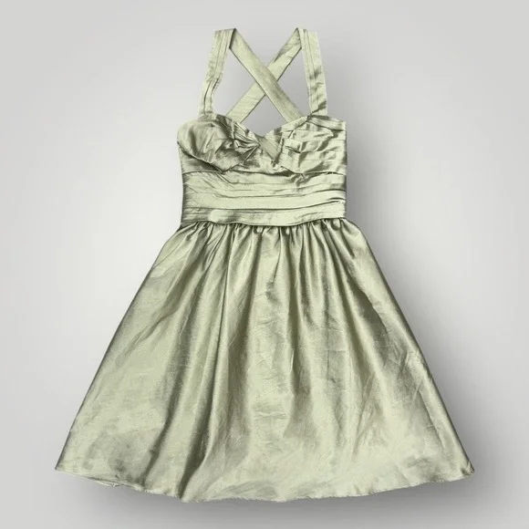 Monique Lhuillier Satin Pleated Sleeveless Halter Dress - Sage Green - Size 10 - Picture 3 of 6